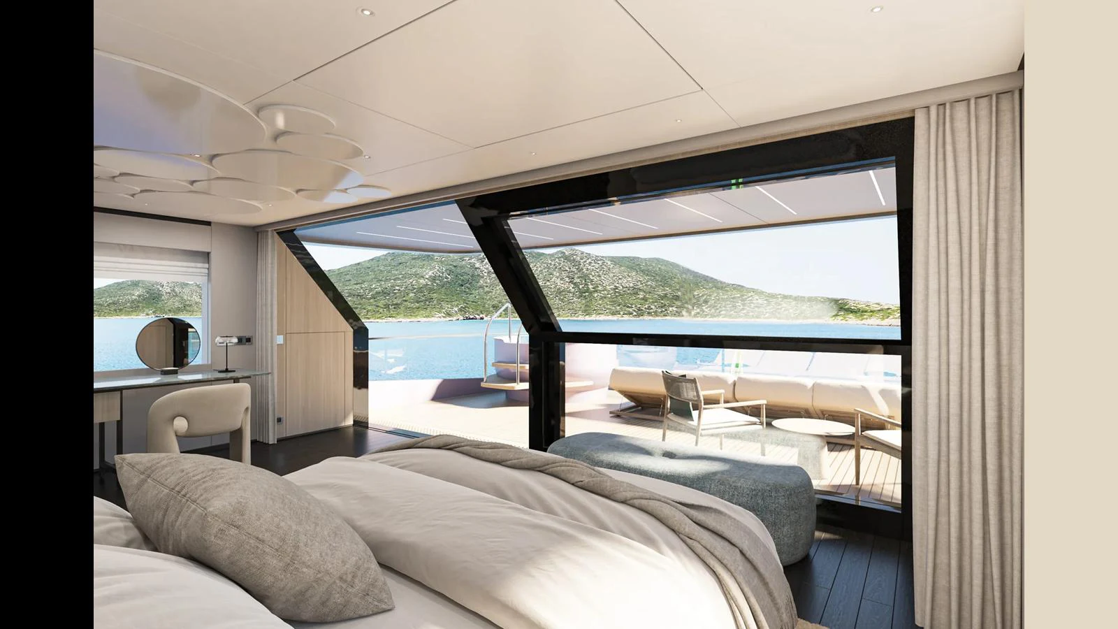 The master stateroom offers a luxurious and serene retreat with panoramic views of the surrounding waters. aboard MANDAYACHT E 09 Yacht for Sale