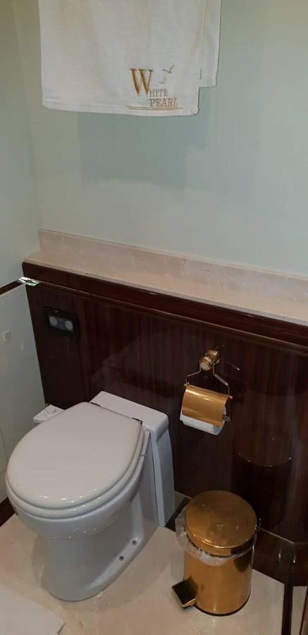 The yacht's bathroom features elegant fixtures and a luxurious design. aboard LEOPARD 105 FT Yacht for Sale