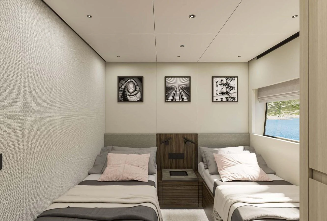 The guest stateroom features twin beds with modern decor and a large window offering a scenic view. aboard MANDAYACHT S 07 BERLINETTA Yacht for Sale