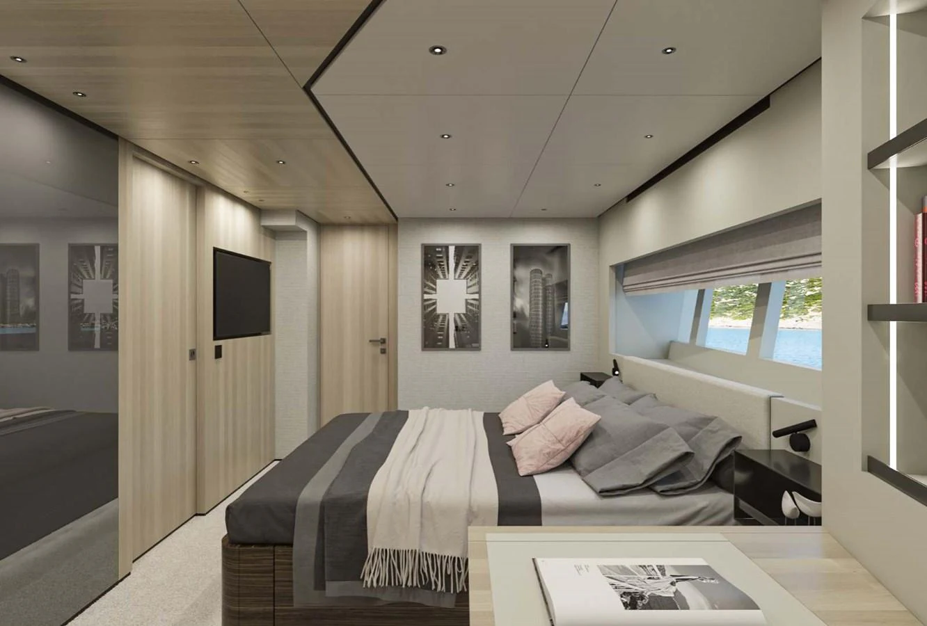 The stateroom features a modern design with a comfortable bed and stylish decor. aboard MANDAYACHT S 07 BERLINETTA Yacht for Sale
