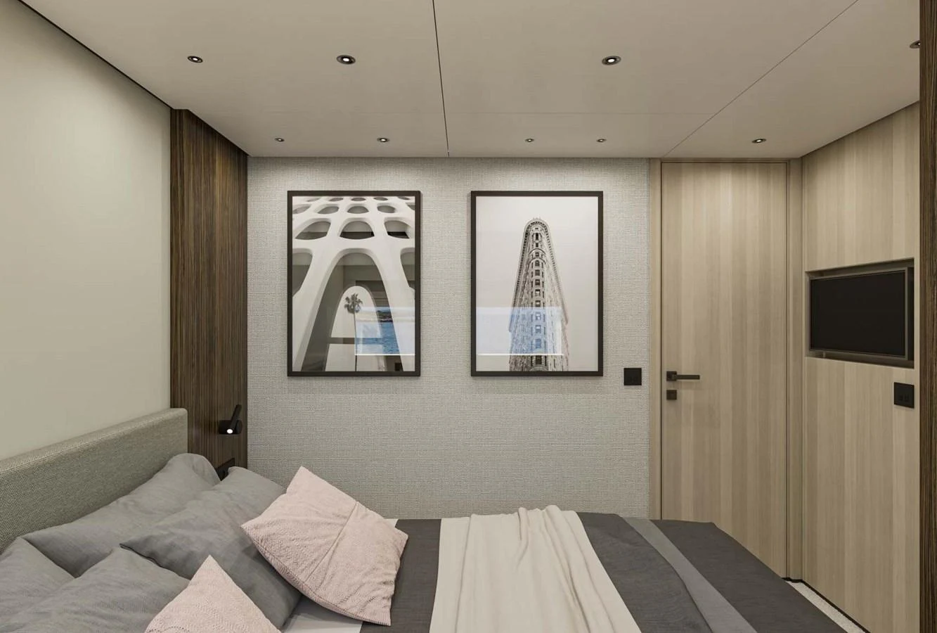 A modern stateroom featuring stylish decor and comfortable bedding. aboard MANDAYACHT S 07 BERLINETTA Yacht for Sale