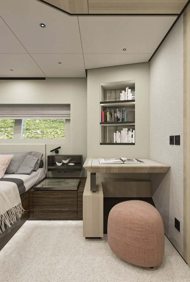 A cozy stateroom with a modern design, featuring a comfortable bed, a small desk, and a window with a view. aboard MANDAYACHT S 07 BERLINETTA Yacht for Sale