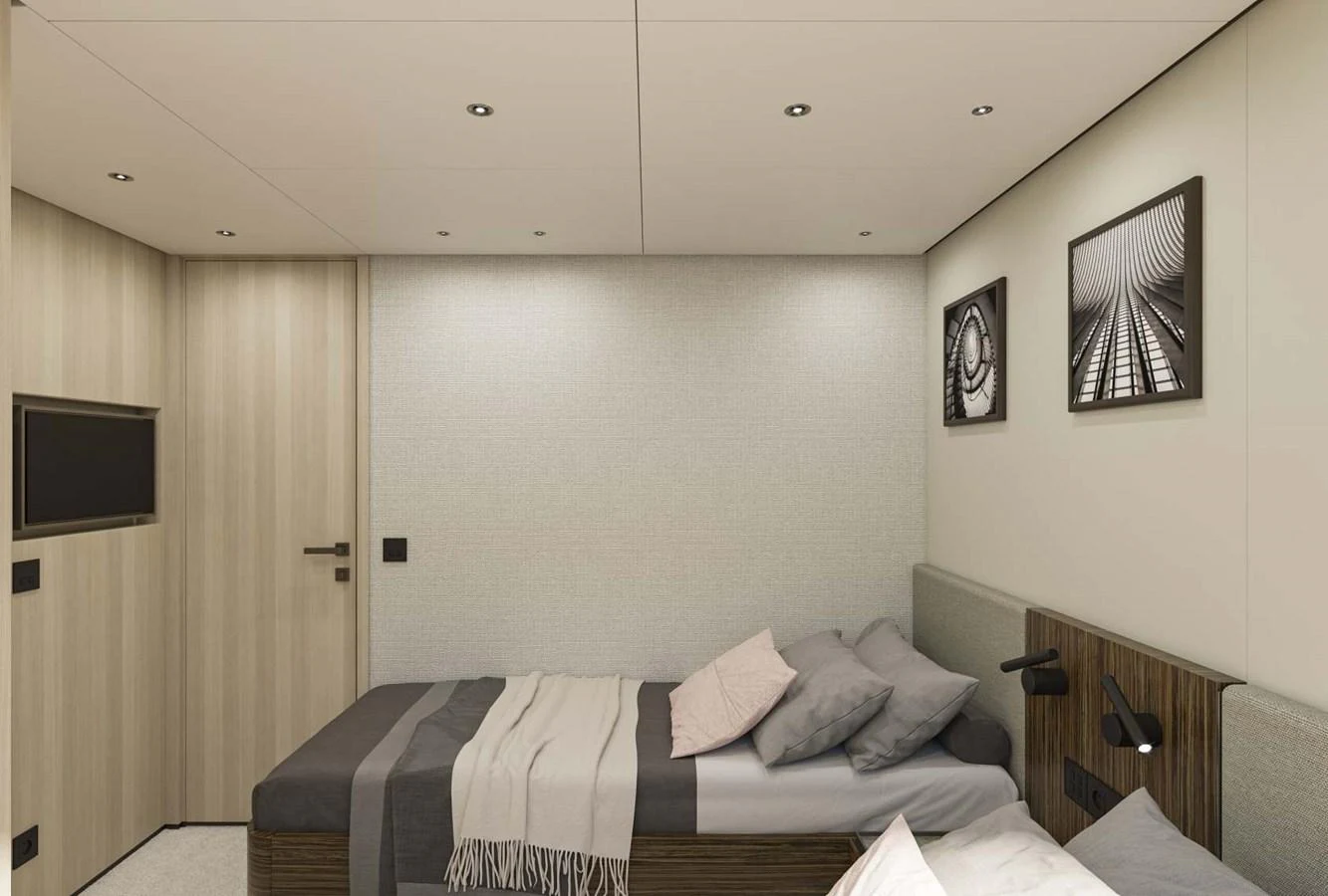 A cozy stateroom featuring a comfortable bed with modern decor and soft lighting. aboard MANDAYACHT S 07 BERLINETTA Yacht for Sale