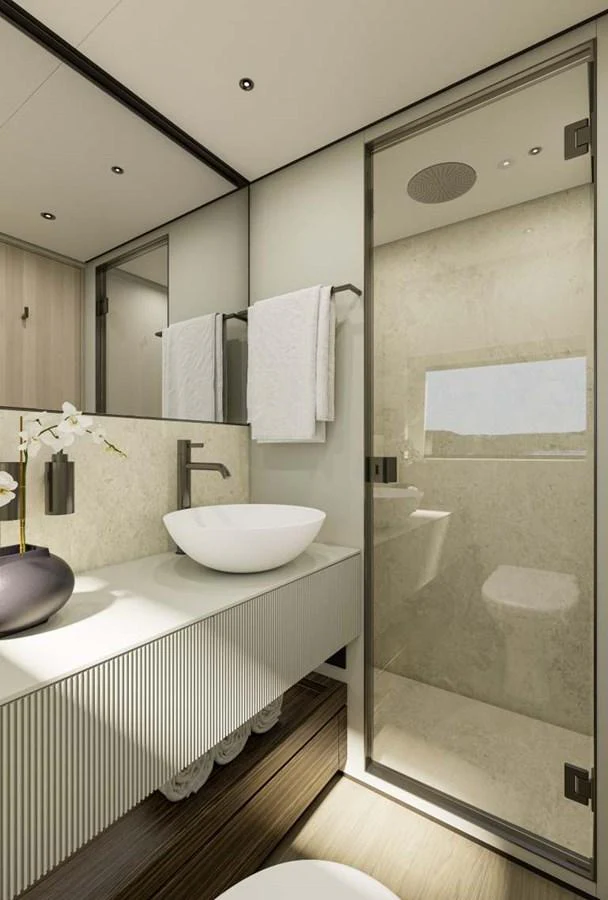 A modern yacht bathroom featuring a sleek vanity and a glass-enclosed shower. aboard MANDAYACHT S 07 BERLINETTA Yacht for Sale