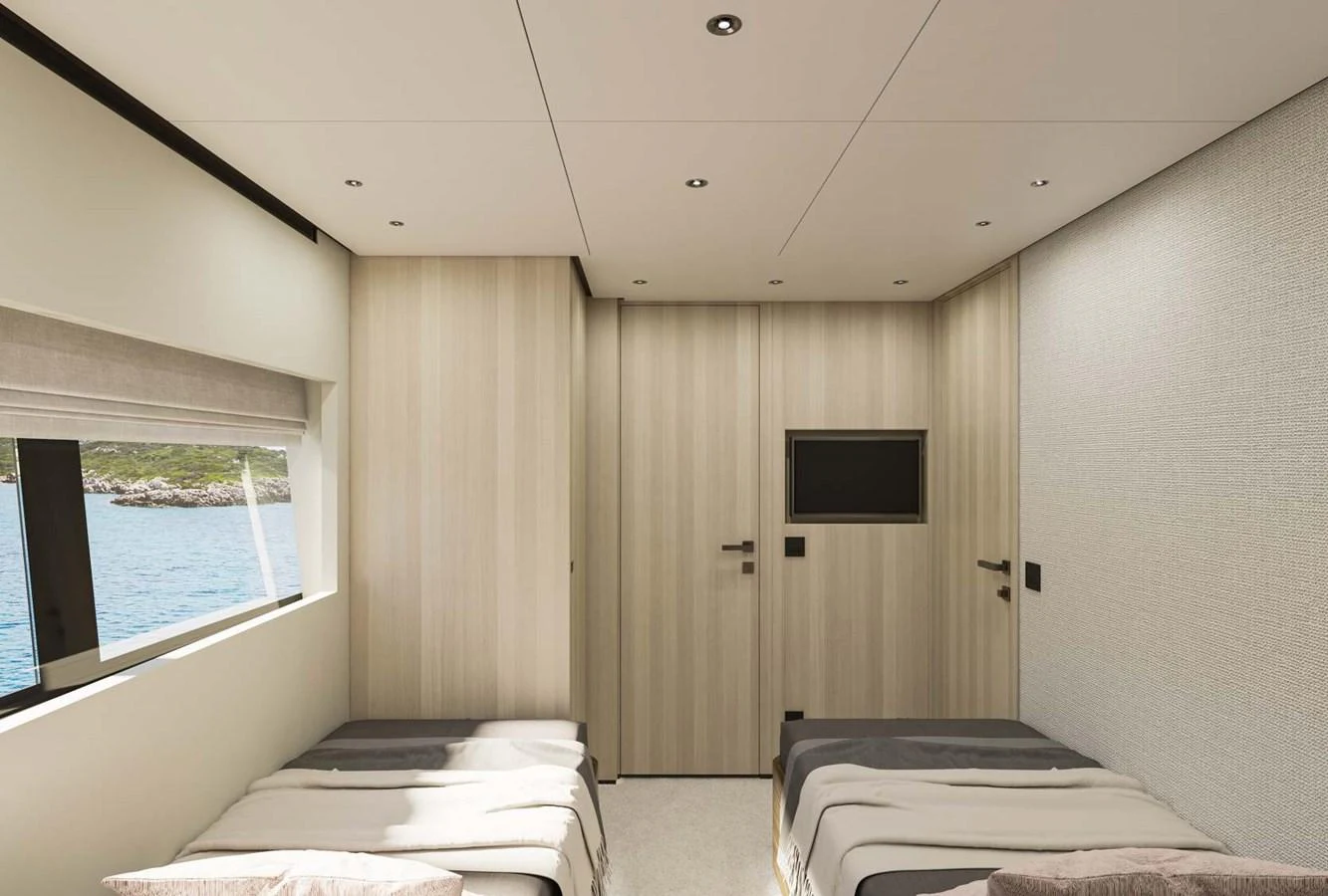 The twin stateroom offers a serene and comfortable space with modern decor and large windows for natural light. aboard MANDAYACHT S 07 BERLINETTA Yacht for Sale