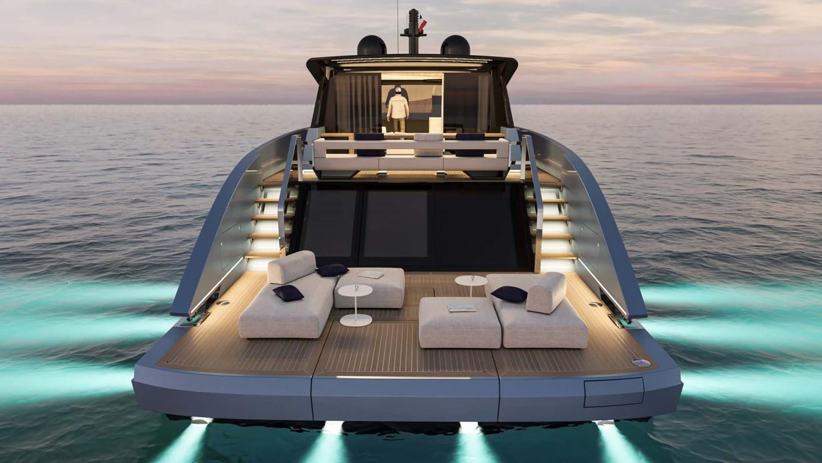 The yacht's aft deck features a luxurious lounging area with plush seating and ambient lighting, perfect for relaxation. aboard MANDAYACHT S 07 BERLINETTA Yacht for Sale