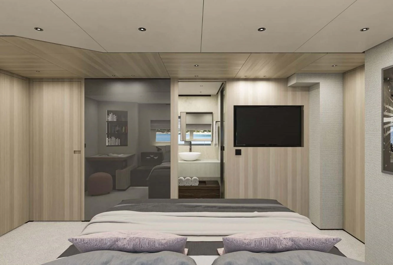 The stateroom features a modern design with a comfortable bed, a large TV, and ample storage space. aboard MANDAYACHT S 07 BERLINETTA Yacht for Sale