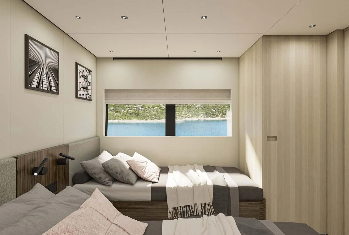 The guest stateroom features twin beds with a serene view through a large window. aboard MANDAYACHT S 07 BERLINETTA Yacht for Sale