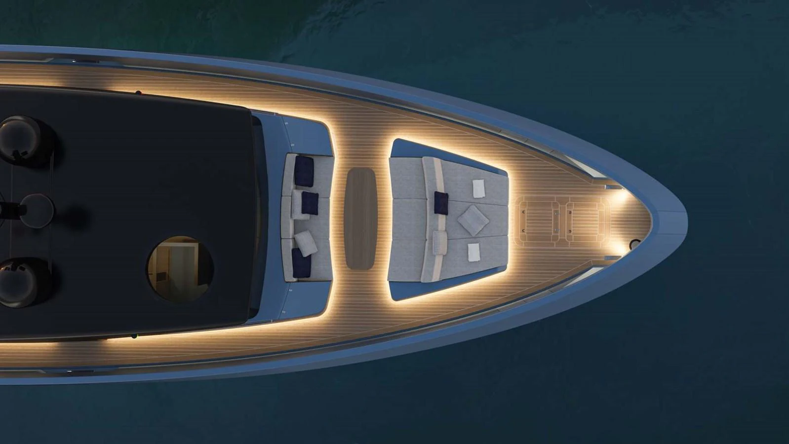 The foredeck of the yacht is beautifully illuminated, featuring comfortable seating and a sleek design. aboard MANDAYACHT S 07 BERLINETTA Yacht for Sale