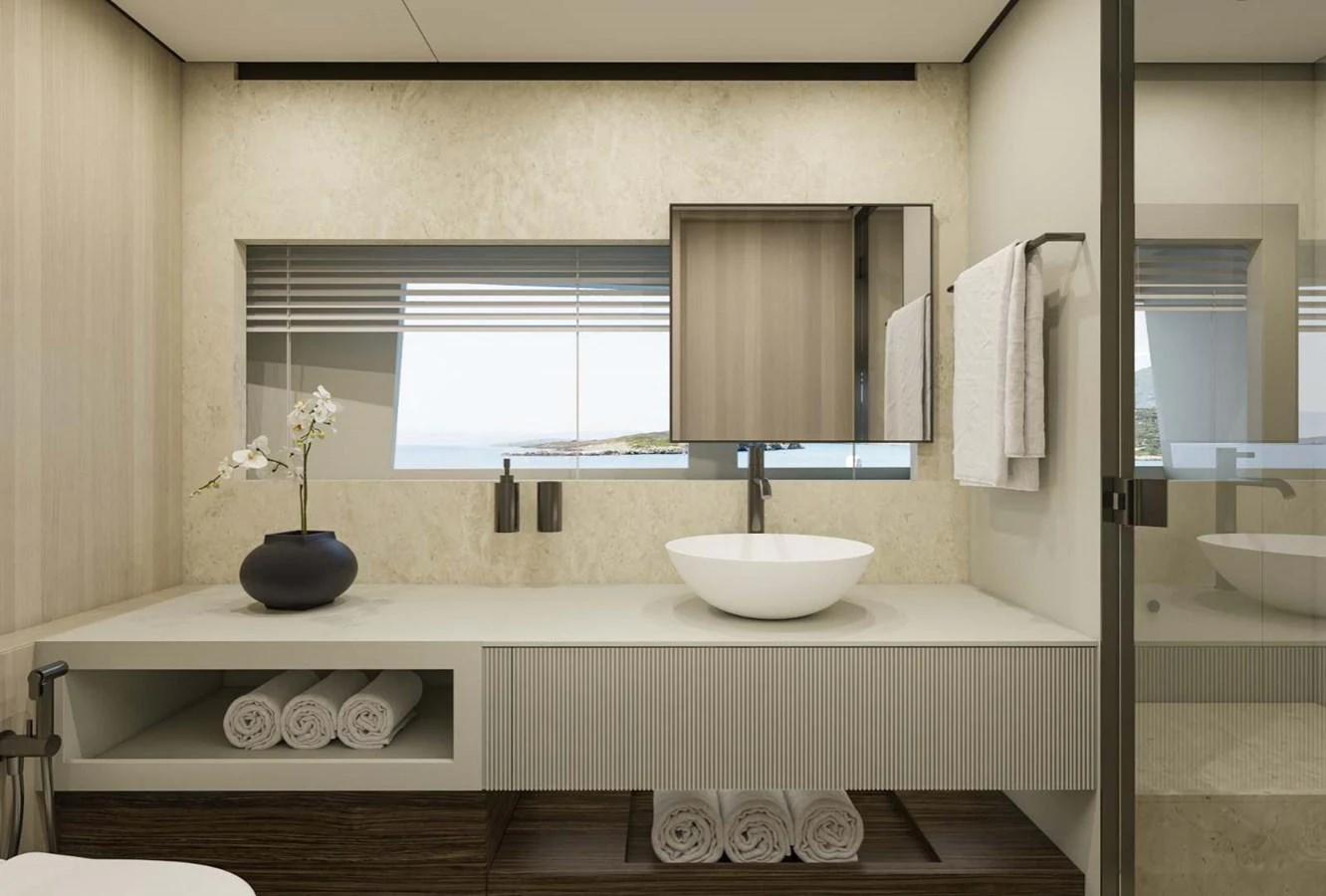 The yacht's bathroom features a modern design with a sleek vanity and a large mirror. aboard MANDAYACHT S 07 BERLINETTA Yacht for Sale