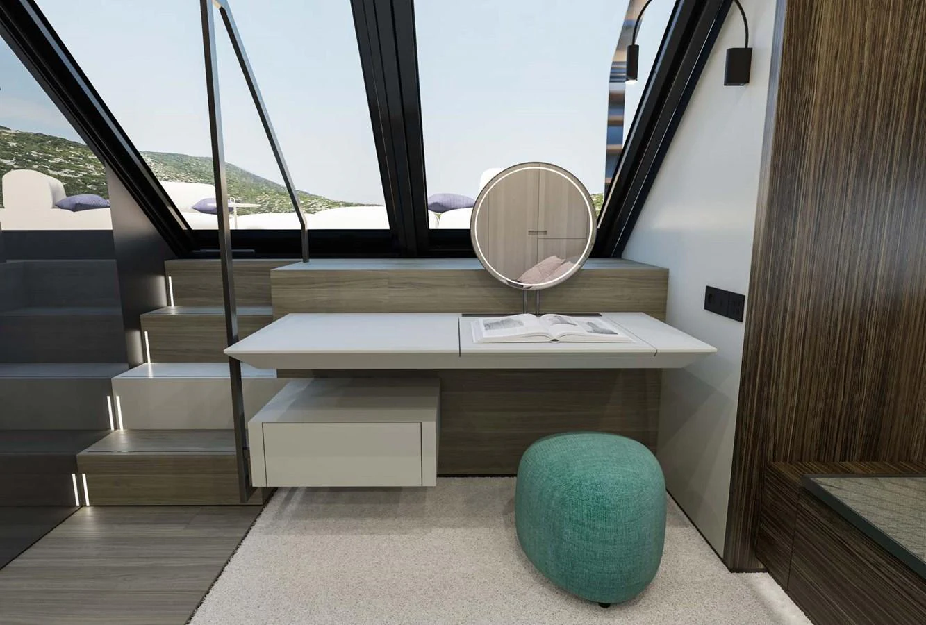 A stylish interior space featuring a modern vanity area with a mirror and seating. aboard MANDAYACHT S 07 BERLINETTA Yacht for Sale