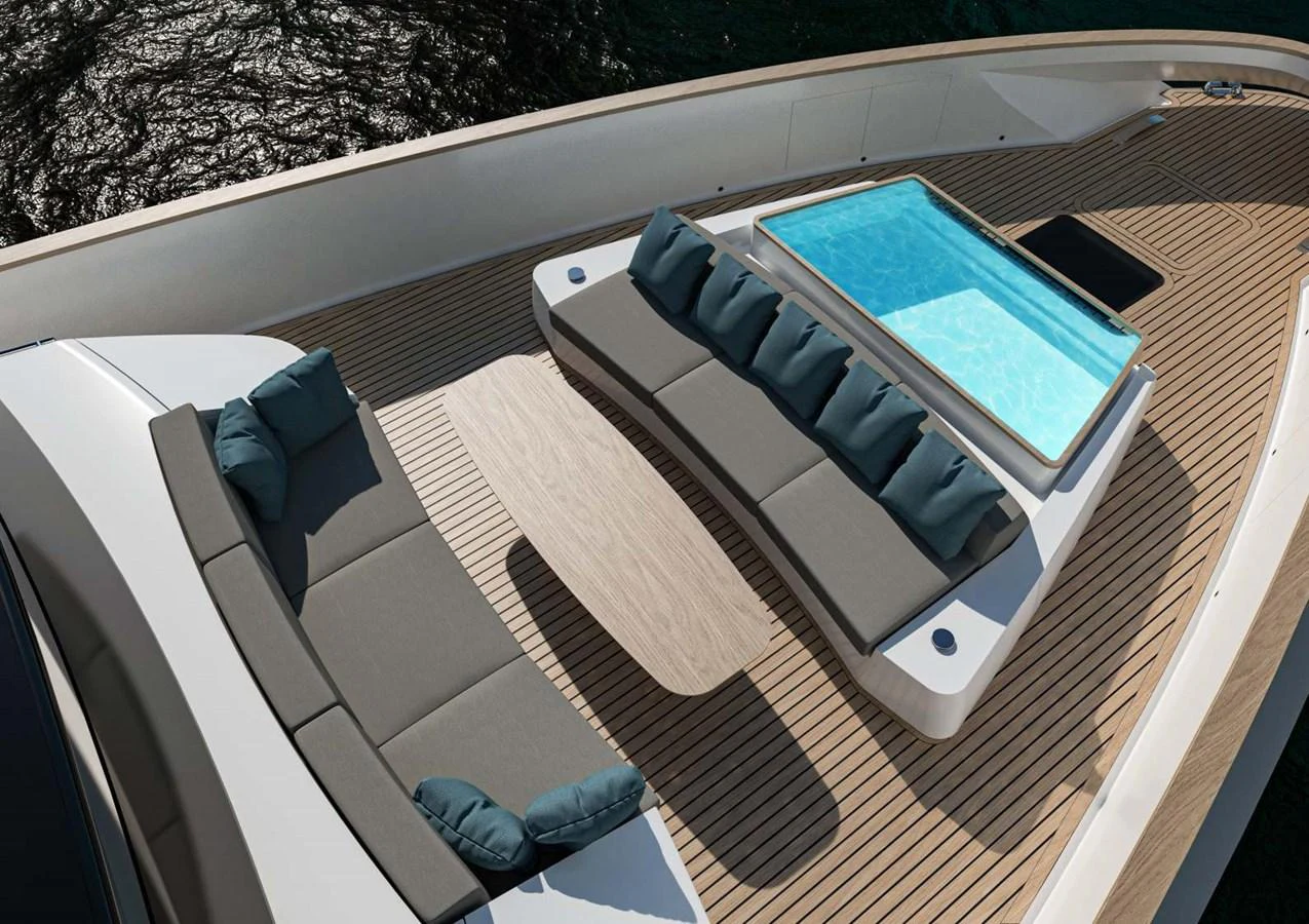 The sundeck features luxurious seating and a refreshing pool for relaxation. aboard MANDAYACHT S 07 BERLINETTA Yacht for Sale