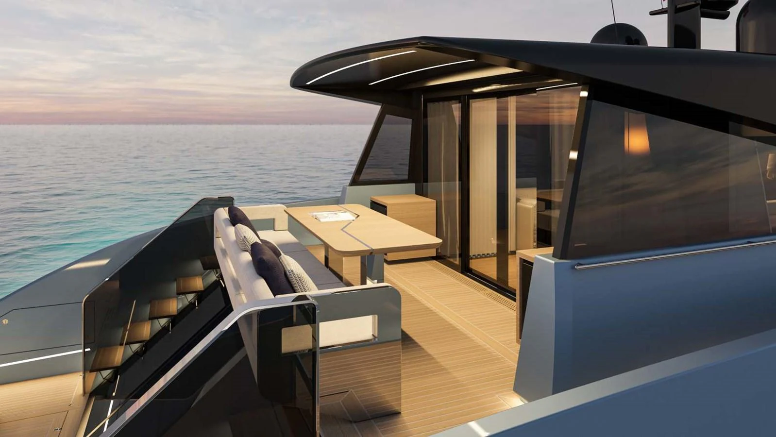 The yacht's aft deck features a stylish and spacious outdoor dining area with modern furnishings. aboard MANDAYACHT S 07 BERLINETTA Yacht for Sale