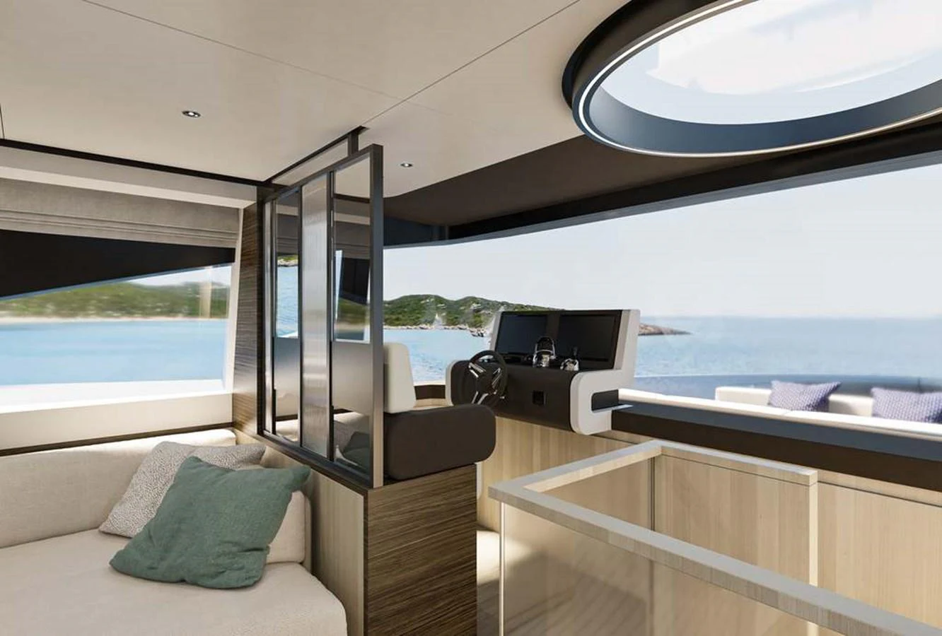 The yacht's helm area features modern controls and a comfortable seating arrangement with panoramic views. aboard MANDAYACHT S 07 BERLINETTA Yacht for Sale
