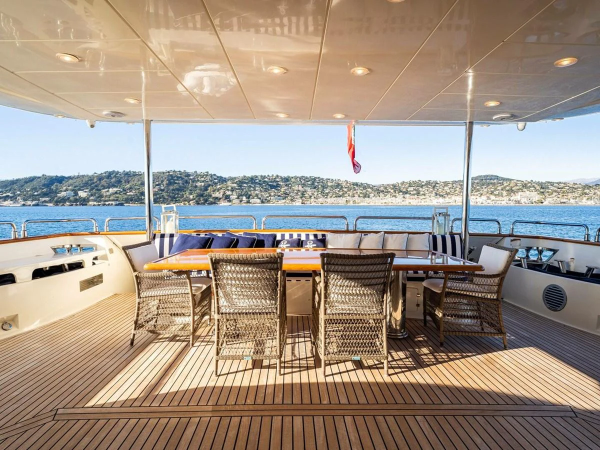The aft deck offers a spacious and inviting area for alfresco dining with stunning views of the surrounding waters. aboard SPRING TIDE Yacht for Sale
