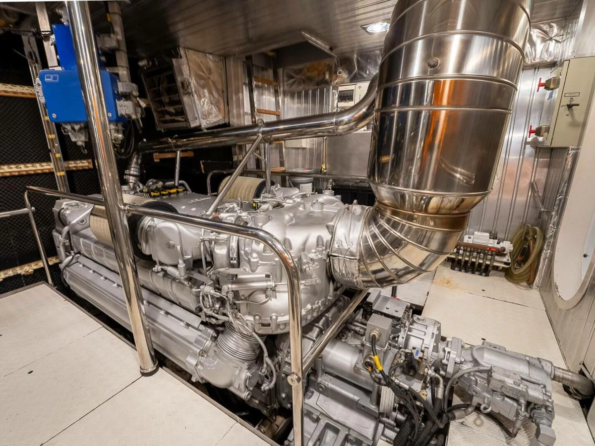 The yacht's engine room showcases a powerful and meticulously maintained engine setup. aboard SPRING TIDE Yacht for Sale