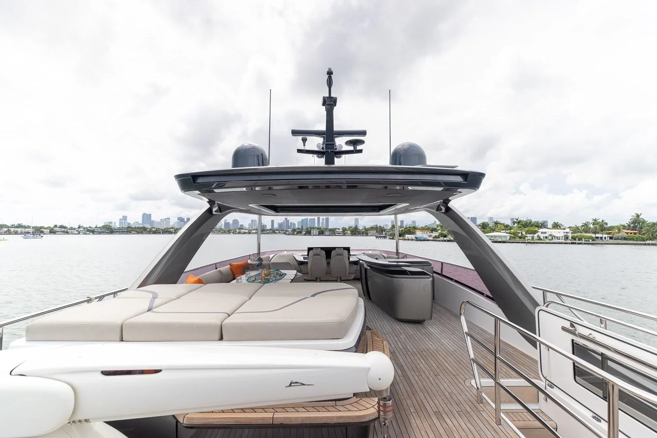 The aft deck features a spacious lounging area with plush seating and a sleek design, perfect for relaxation and entertainment. aboard TOMORROW NEVER KNOWS Yacht for Sale