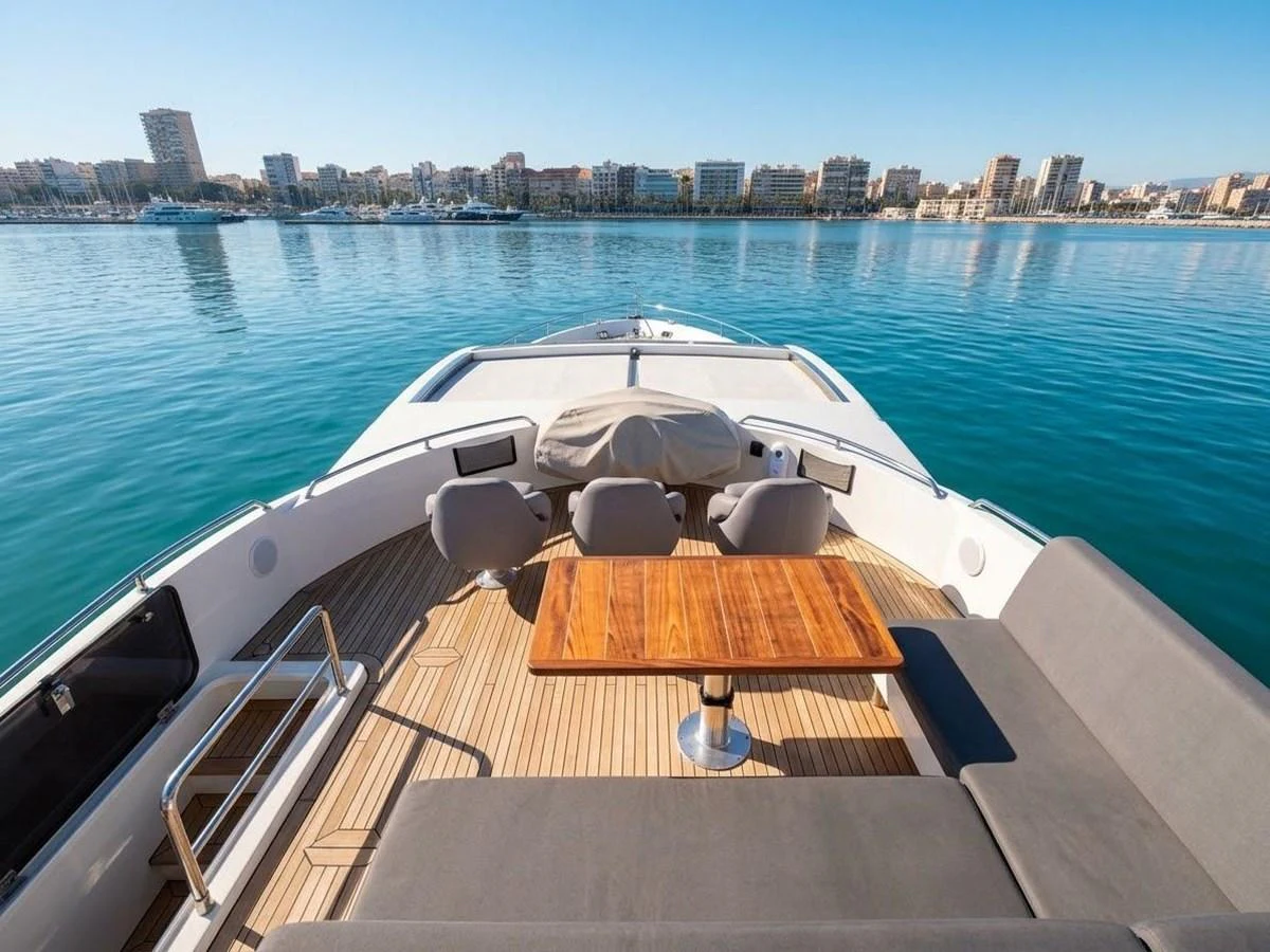 The yacht's bow area features a stylish seating arrangement with a wooden table, perfect for enjoying the scenic views. aboard PELAGIA Yacht for Sale