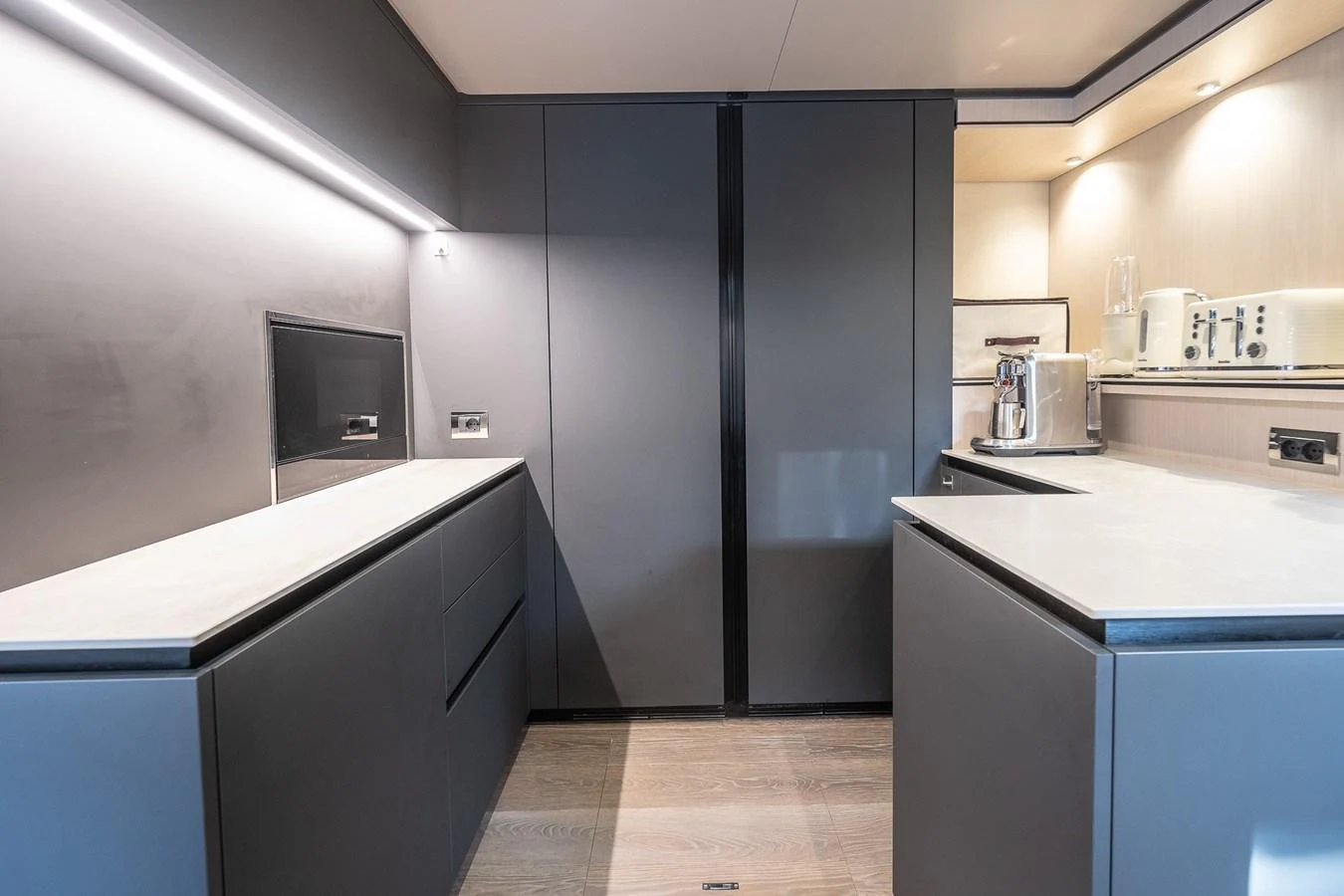 The modern galley features sleek cabinetry and state-of-the-art appliances. aboard FREYA Yacht for Sale