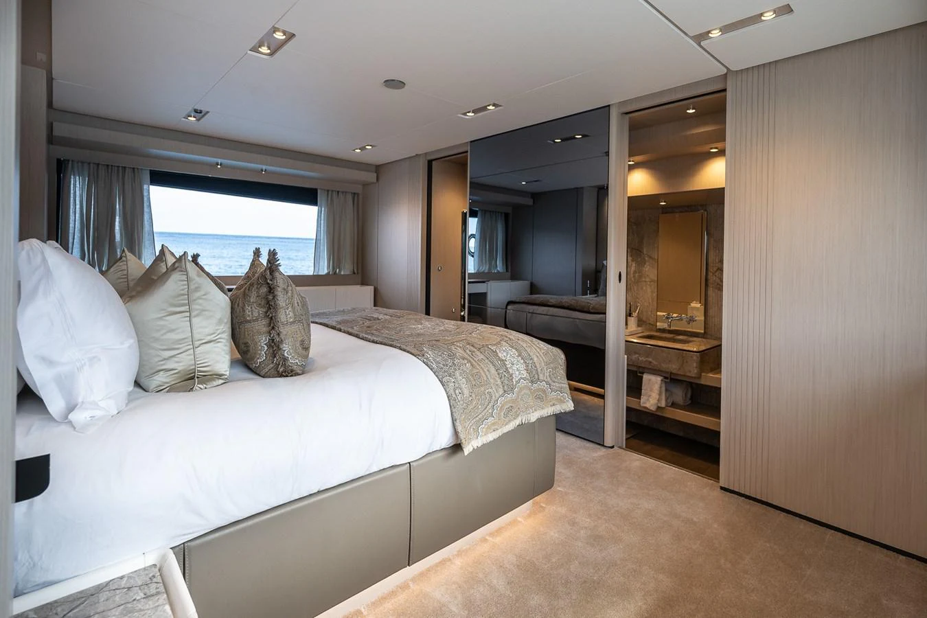 The master stateroom offers a luxurious and spacious retreat with elegant decor and a stunning ocean view. aboard FREYA Yacht for Sale