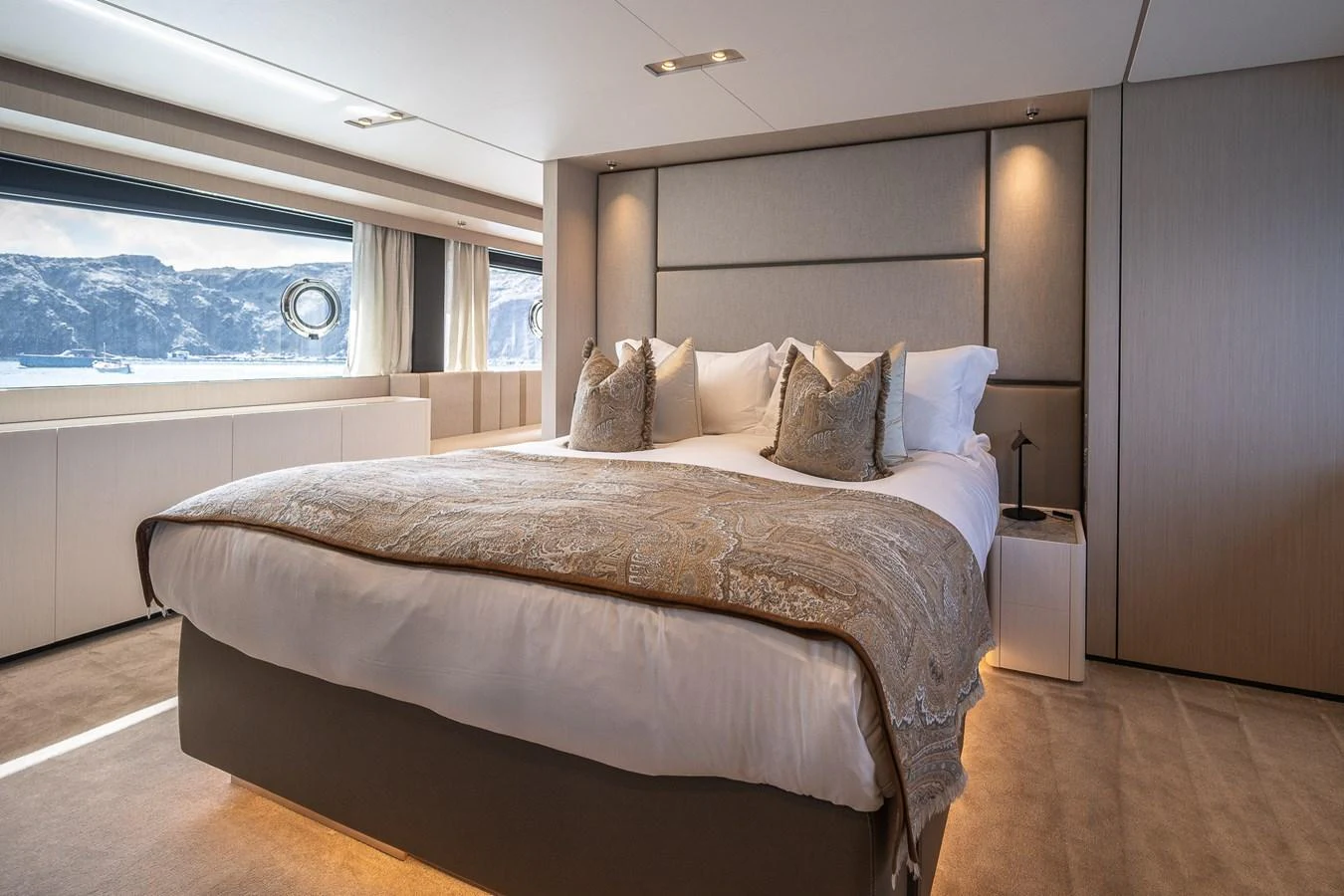 The master stateroom offers a luxurious and serene retreat with a large bed and elegant decor. aboard FREYA Yacht for Sale