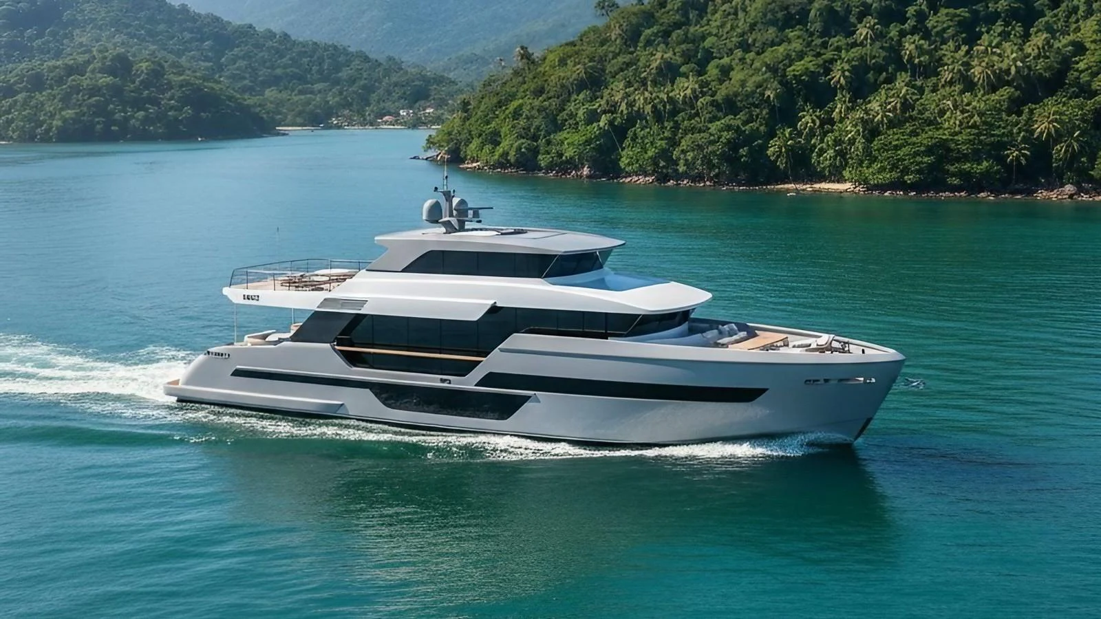 A sleek, modern yacht cruises through tranquil blue waters with lush green hills in the background. aboard ISY 90 EXPLORA Yacht for Sale