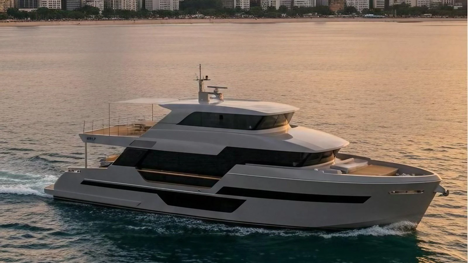 A sleek, modern yacht cruises gracefully on calm waters at sunset. aboard ISY 90 EXPLORA Yacht for Sale