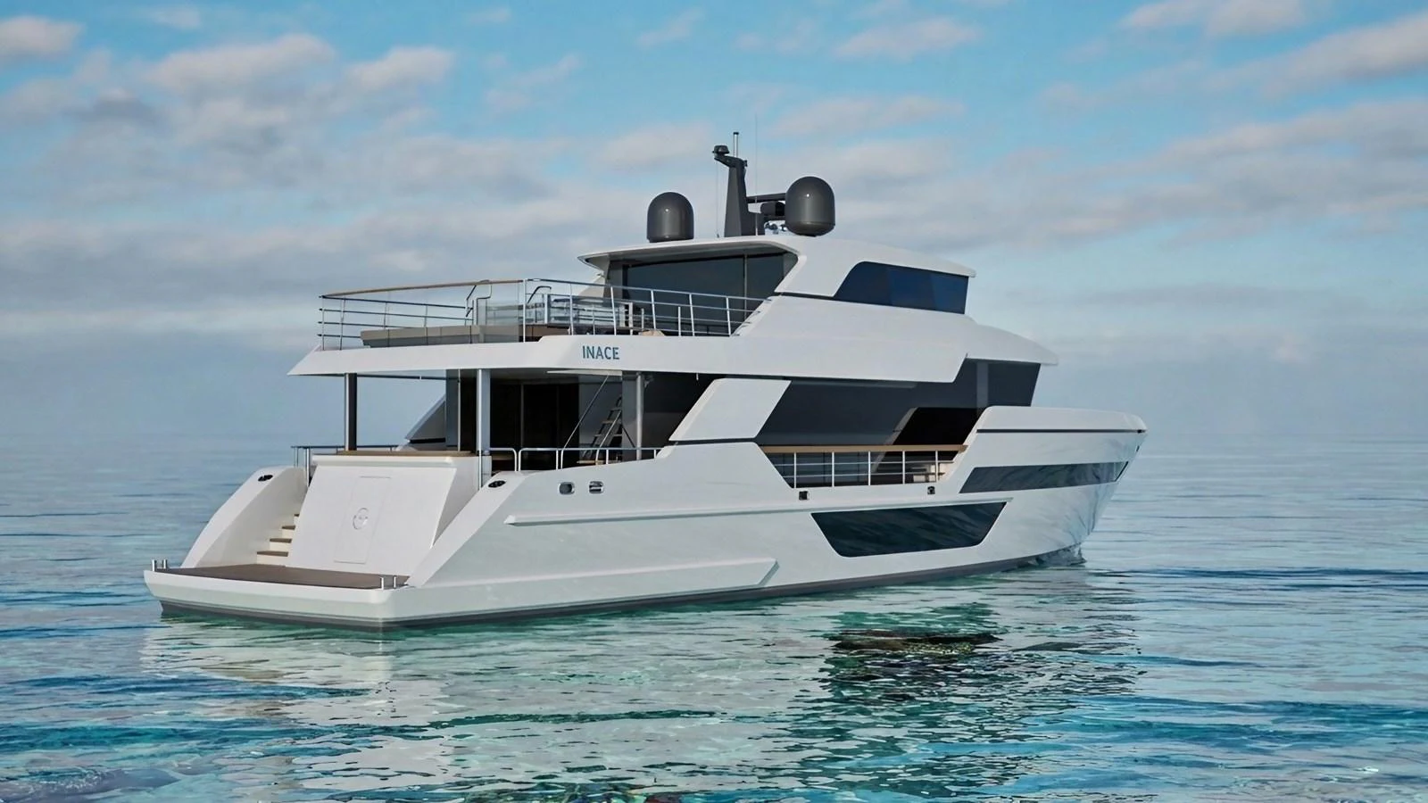A sleek and modern yacht floats gracefully on calm waters under a partly cloudy sky. aboard ISY 90 EXPLORA Yacht for Sale