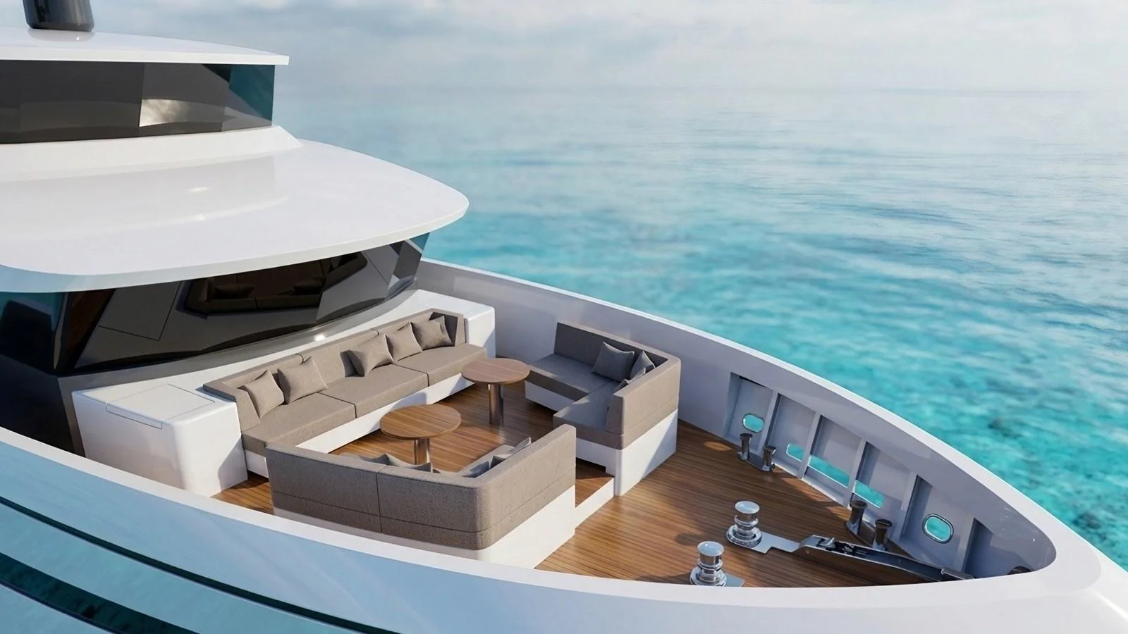 The foredeck features a luxurious seating area with plush sofas and wooden tables, perfect for relaxation and socializing. aboard ISY 90 EXPLORA Yacht for Sale