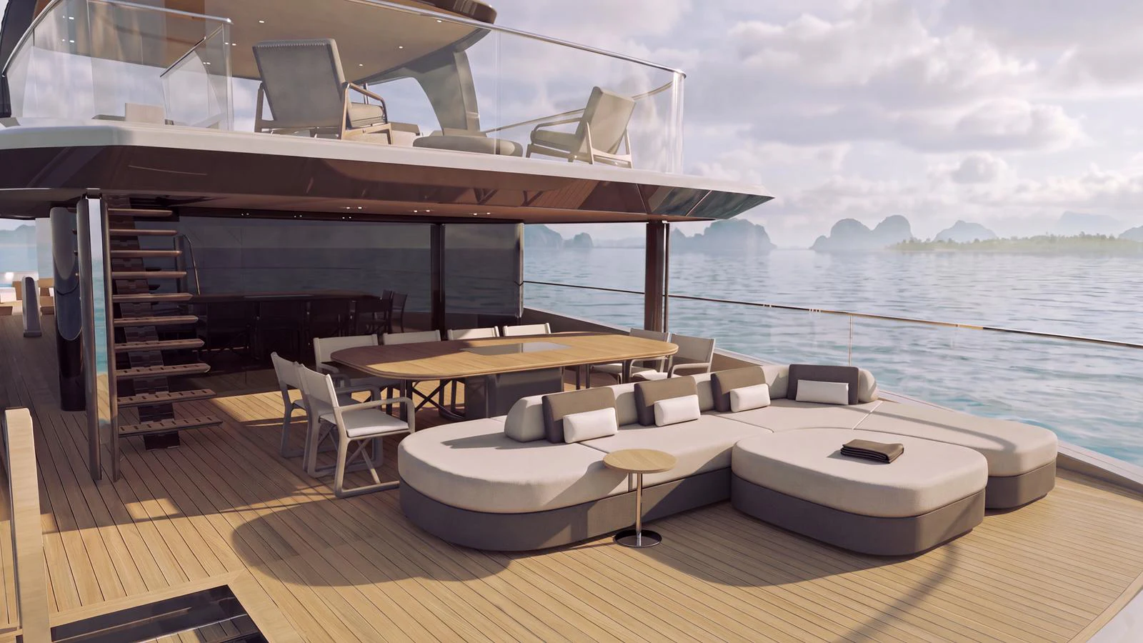 The aft deck features a spacious lounging area with comfortable seating and a dining table, perfect for relaxing and entertaining. aboard ETERNAL Yacht for Sale