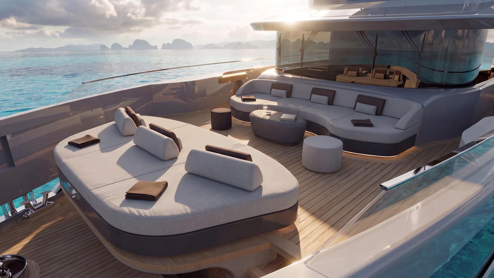 The yacht's sundeck offers luxurious lounging areas with plush seating and stunning ocean views. aboard ETERNAL Yacht for Sale