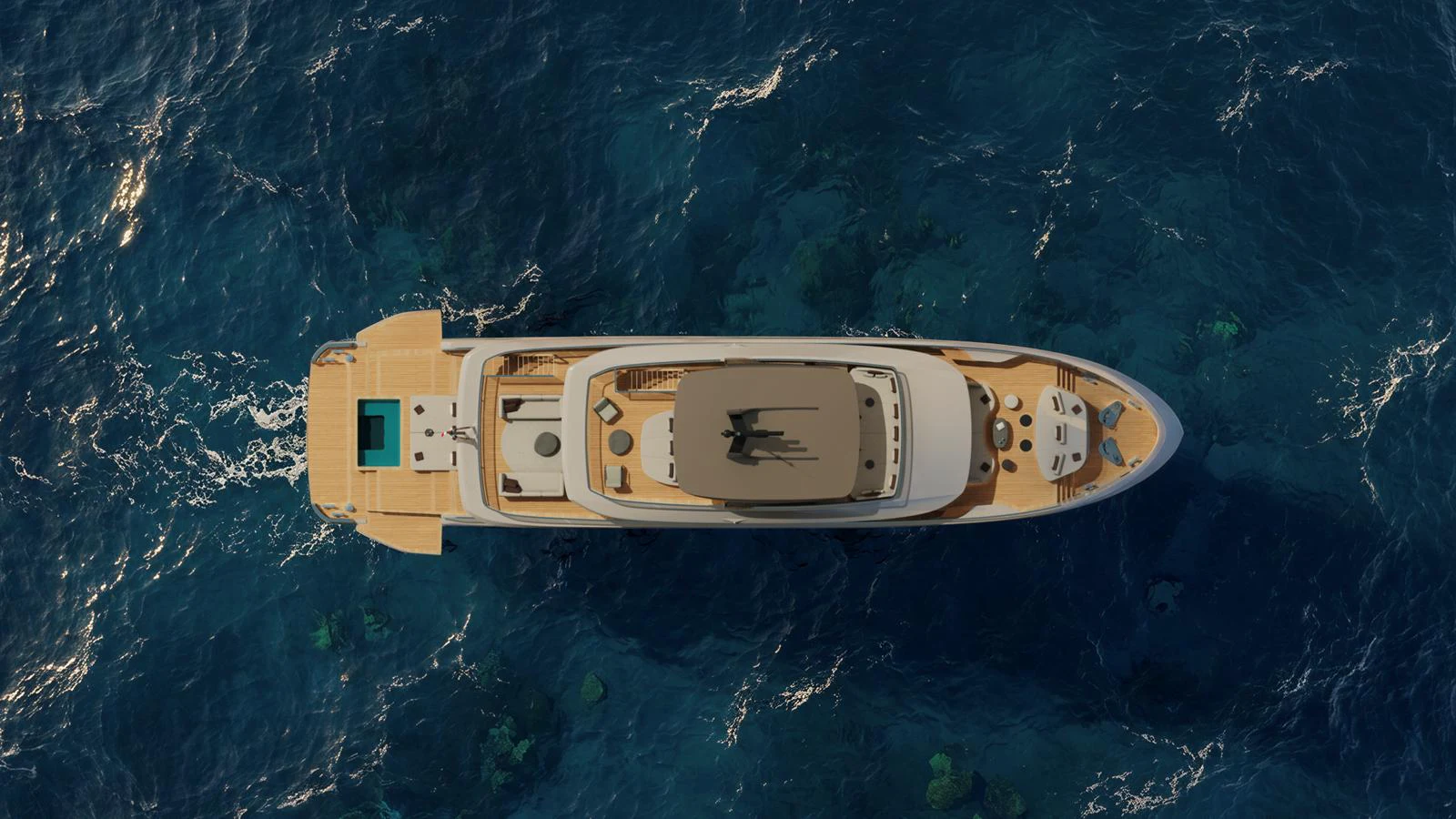 A stunning aerial view of a luxurious yacht cruising through deep blue waters. aboard ETERNAL Yacht for Sale