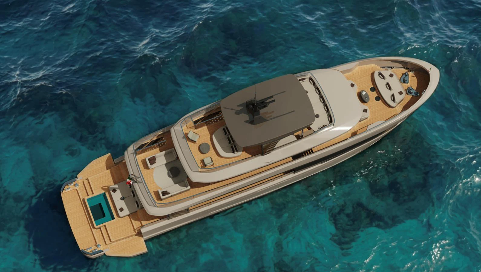 An aerial view of a luxurious yacht cruising on clear blue waters, showcasing its spacious decks and elegant design. aboard ETERNAL Yacht for Sale