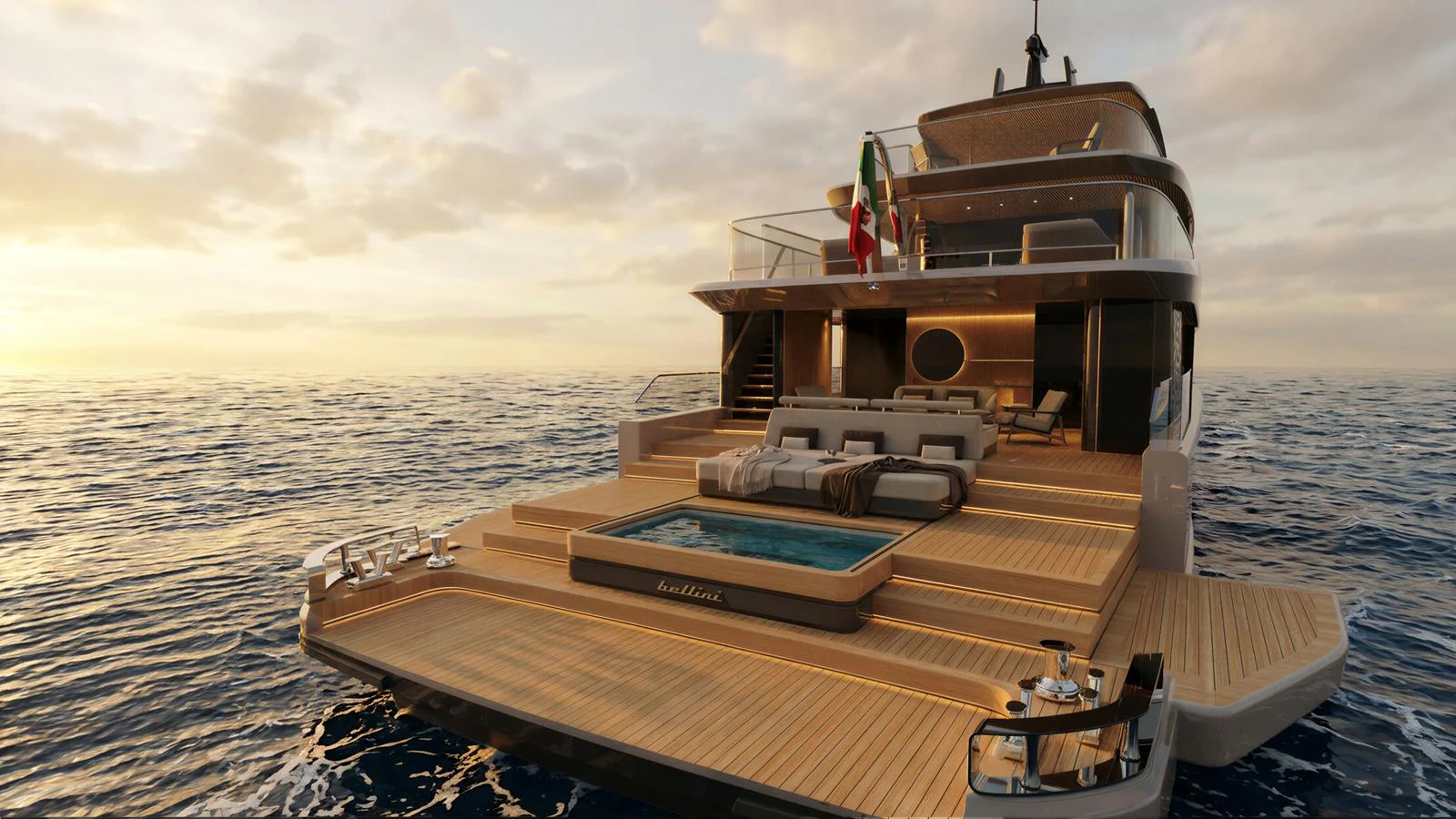 The yacht's aft deck features a luxurious pool and ample lounging space, perfect for relaxation at sea. aboard ETERNAL Yacht for Sale