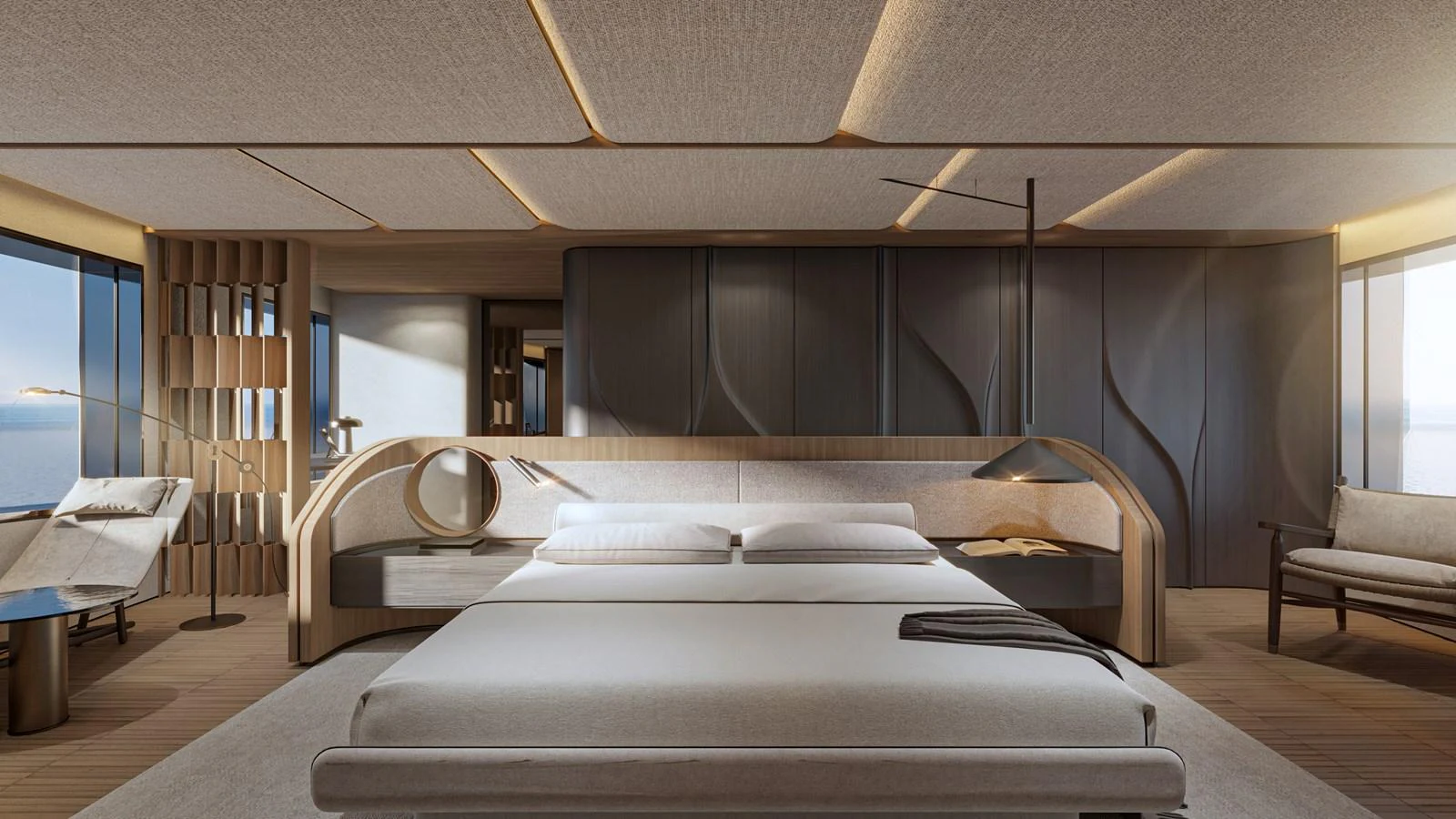 The master stateroom exudes luxury with its modern design and spacious layout. aboard ETERNAL Yacht for Sale