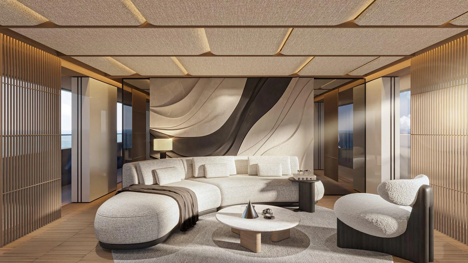 The yacht's interior features a modern and elegant lounge area with plush seating and sophisticated decor. aboard ETERNAL Yacht for Sale