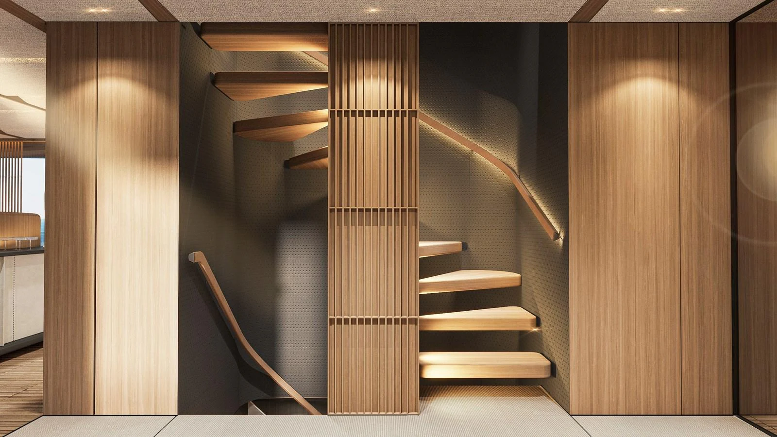 A modern, elegantly designed staircase with wooden steps and ambient lighting. aboard ETERNAL Yacht for Sale