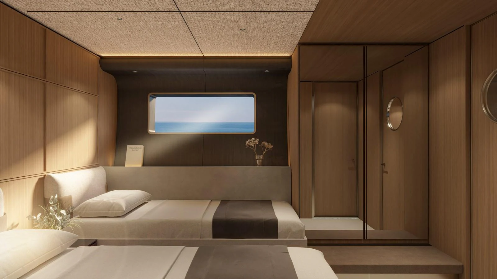 The guest stateroom features twin beds and a serene view through a rectangular window. aboard ETERNAL Yacht for Sale