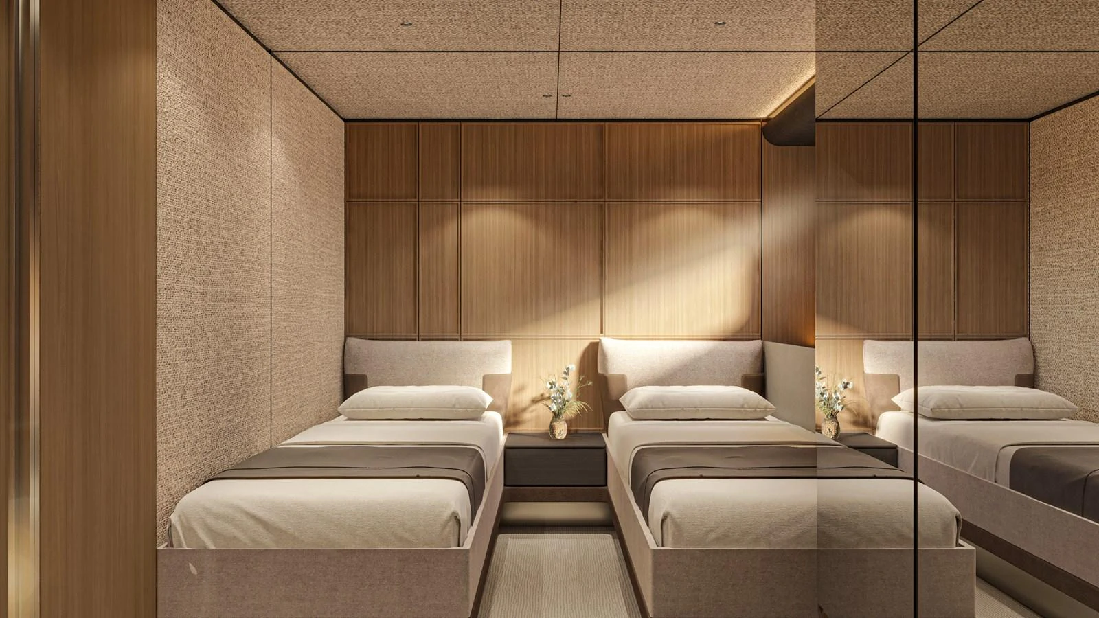 The guest stateroom features twin beds with elegant, modern decor and warm lighting. aboard ETERNAL Yacht for Sale