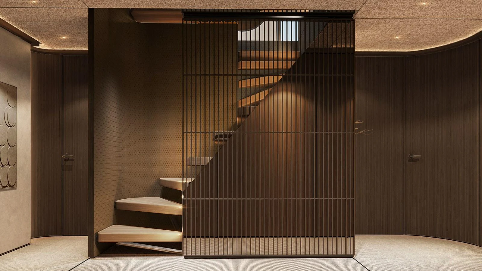 A modern and elegant staircase with sleek lines and warm lighting. aboard ETERNAL Yacht for Sale