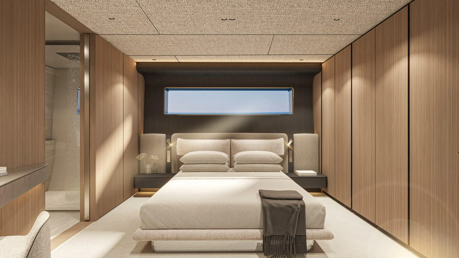 The master stateroom features a luxurious bed with modern design elements and ample natural light. aboard ETERNAL Yacht for Sale