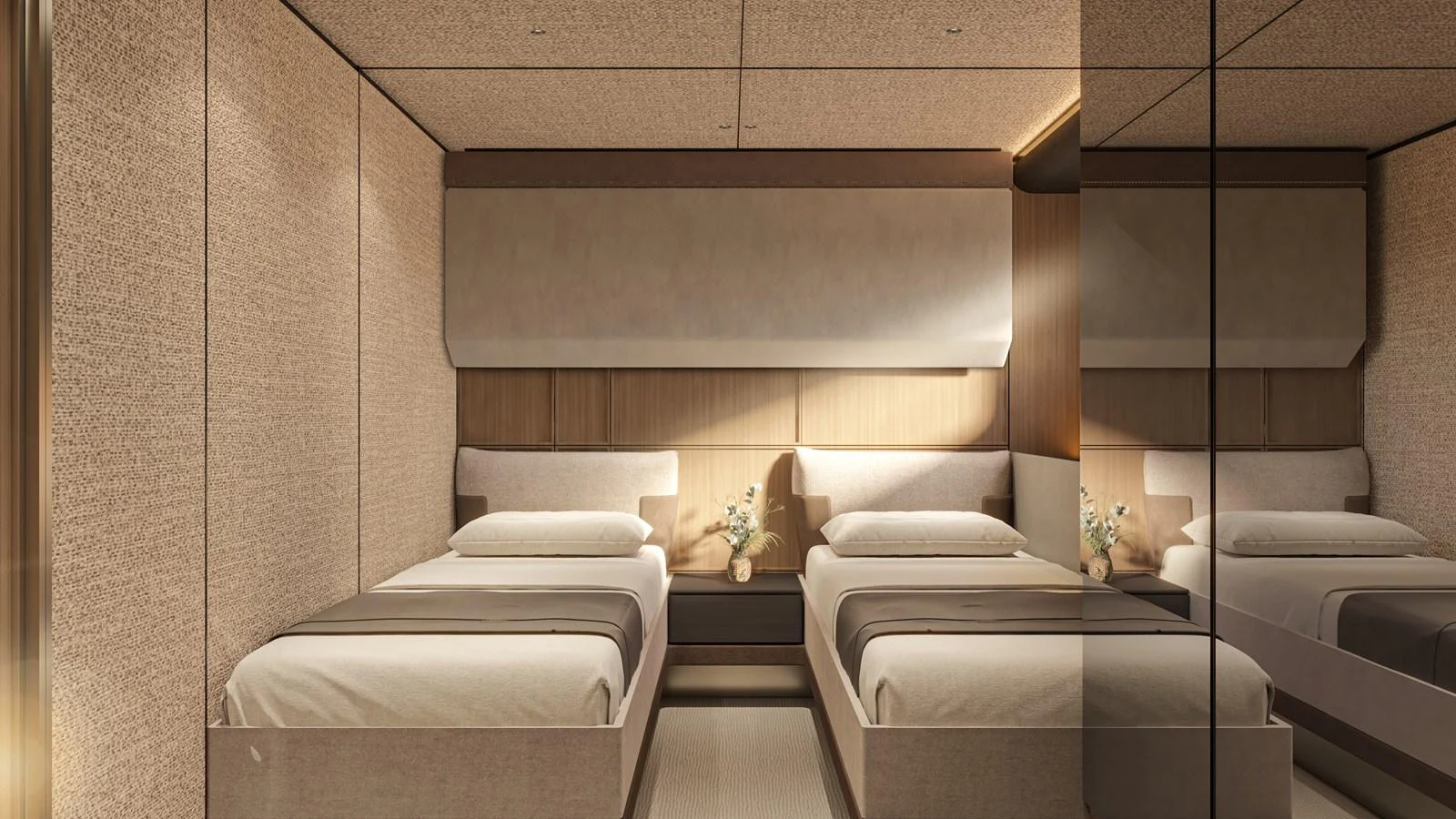 The guest stateroom features twin beds with elegant, modern decor and ample lighting. aboard ETERNAL Yacht for Sale