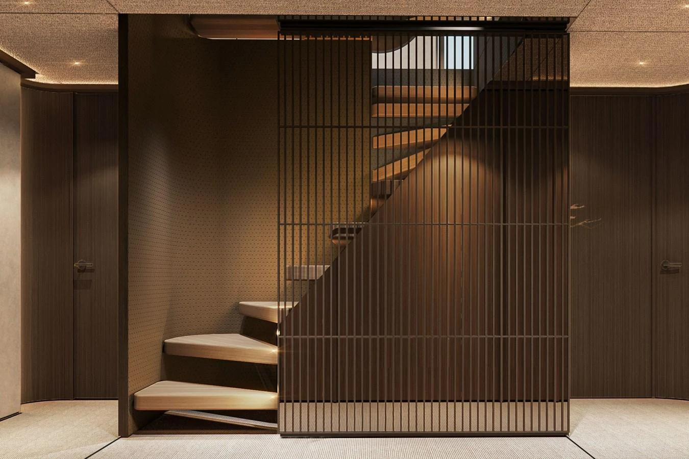A sophisticated interior staircase with modern design elements and warm lighting. aboard ETERNAL 36 Yacht for Sale