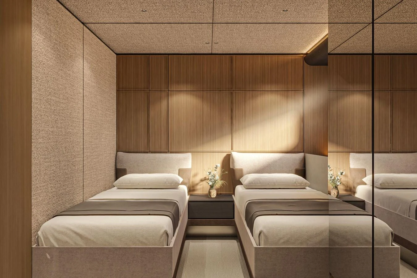 The twin stateroom features elegant wood paneling and plush bedding, creating a serene and inviting atmosphere. aboard ETERNAL 36 Yacht for Sale