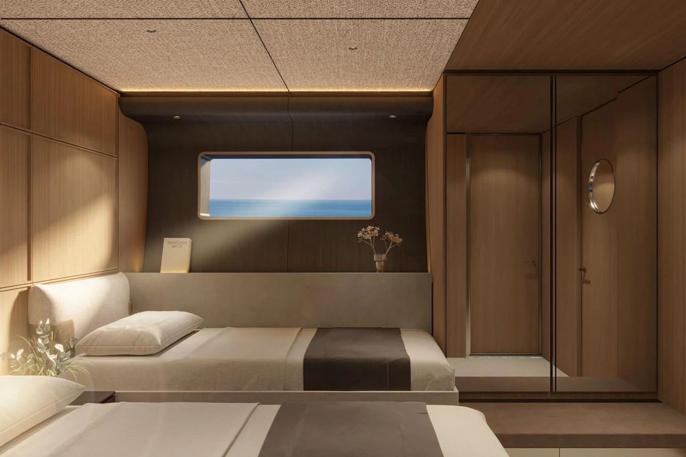 The guest stateroom features modern design with twin beds and a serene ocean view. aboard ETERNAL 36 Yacht for Sale