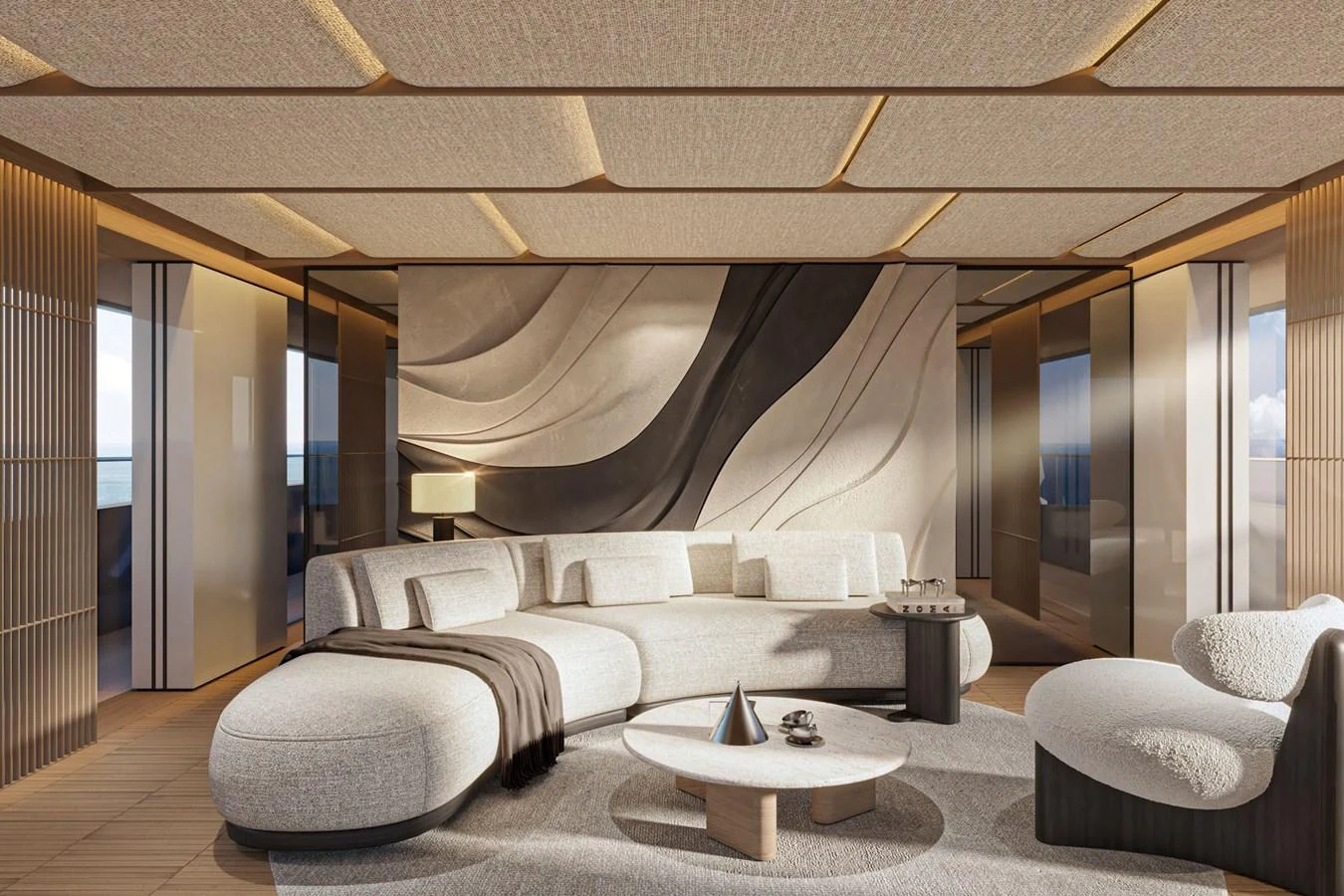 The yacht's interior features a luxurious and modern lounge area with elegant furnishings and ambient lighting. aboard ETERNAL 36 Yacht for Sale