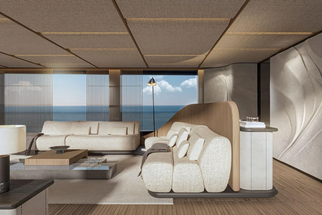 The salon features modern, luxurious furnishings with a stunning ocean view. aboard ETERNAL 36 Yacht for Sale