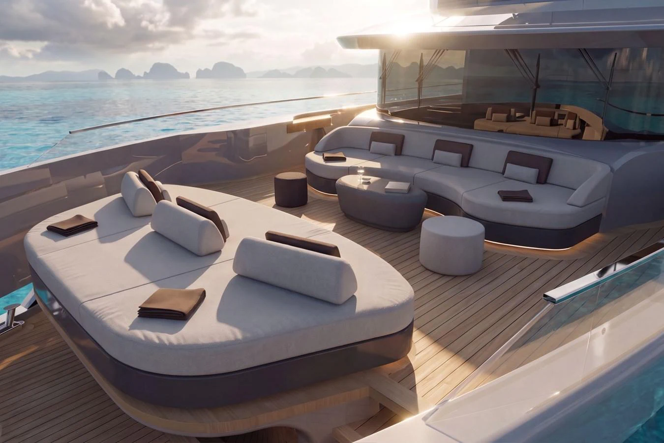 The sundeck offers luxurious lounging areas with plush seating and stunning ocean views. aboard ETERNAL 36 Yacht for Sale