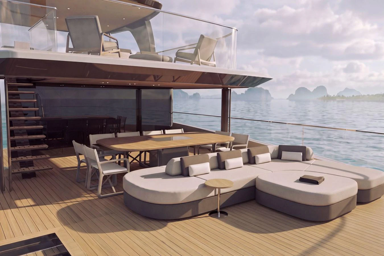 The aft deck features luxurious seating and a dining area with stunning ocean views. aboard ETERNAL 36 Yacht for Sale
