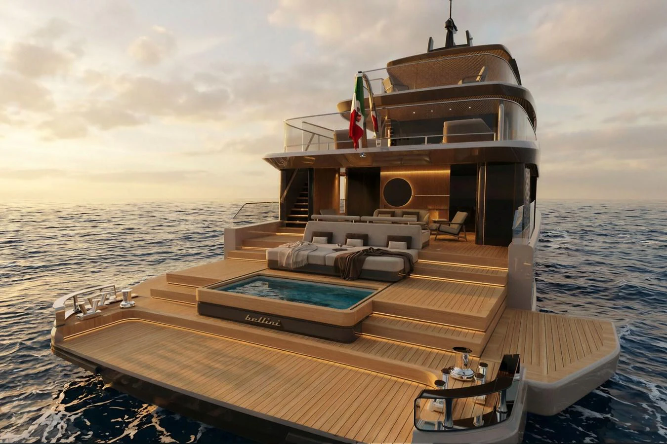 The yacht's aft deck features a luxurious lounging area with a pool, perfect for relaxation at sea. aboard ETERNAL 36 Yacht for Sale